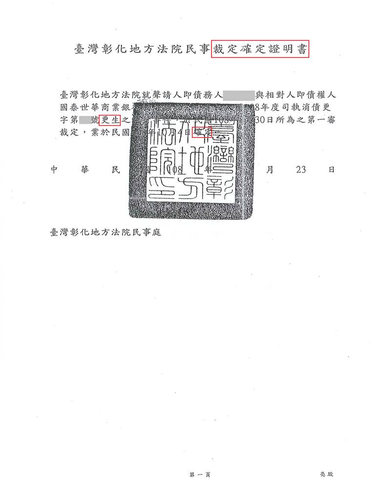 彰化地院債務更生成功核准，總債務約207萬，僅償還約31萬