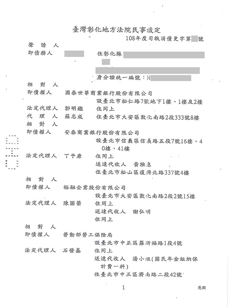 彰化地院債務更生成功核准，總債務約207萬，僅償還約31萬