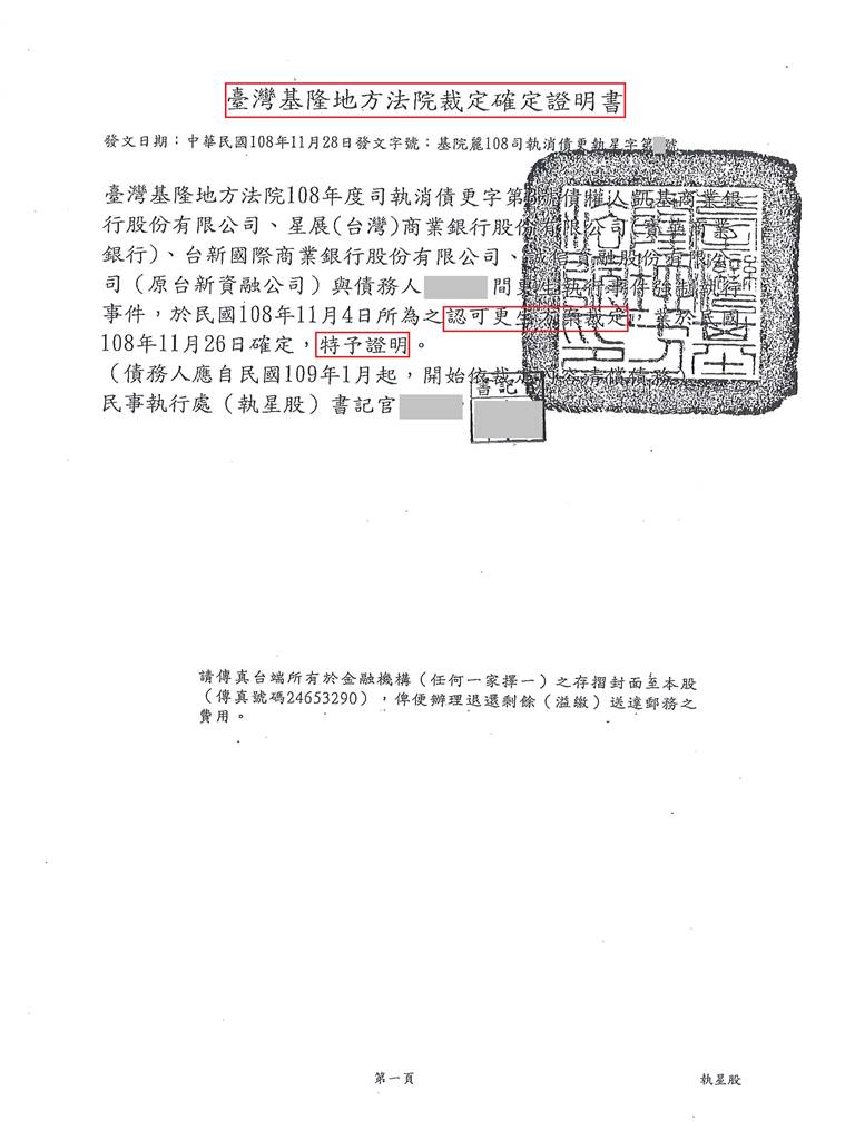 基隆地院債務更生成功核准，總債務約928萬，僅償還約57萬