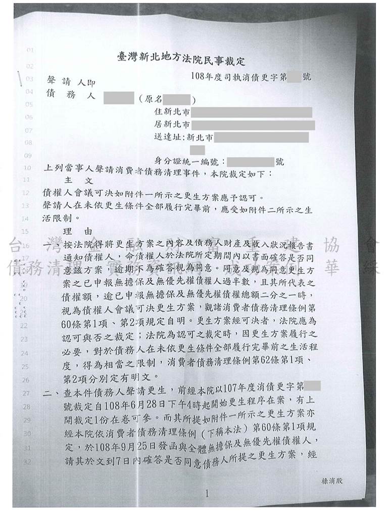 新北地院債務更生成功核准，總債務約1069萬，僅償還約21萬