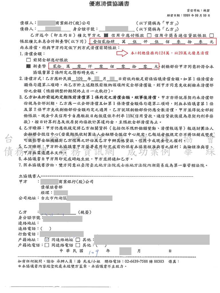 中國信託,債務協商,優惠清償,銀行,債務打折